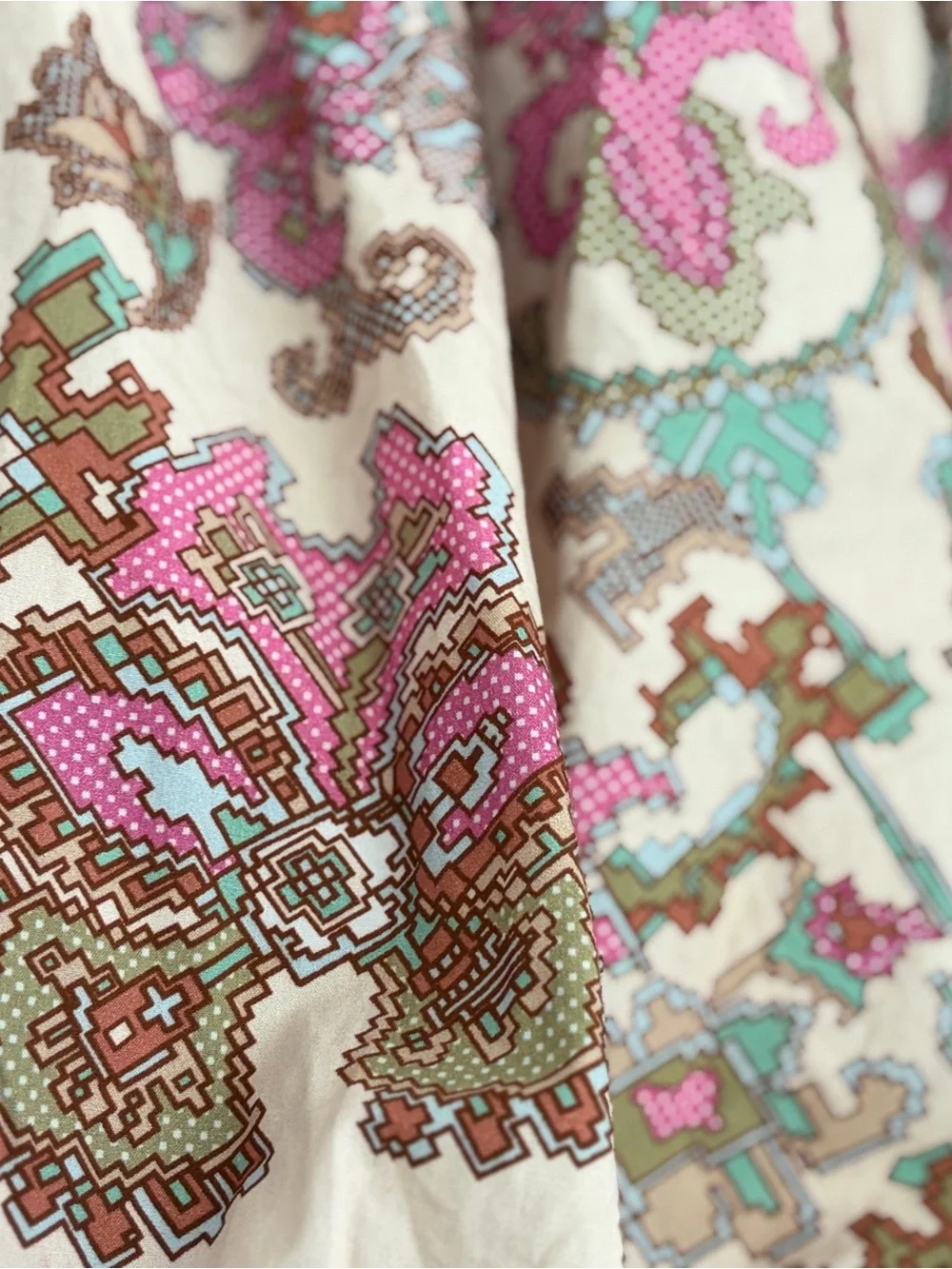 Free People Off-Shoulder Peasant Blouse in Cream with Pink & Brown Paisley
